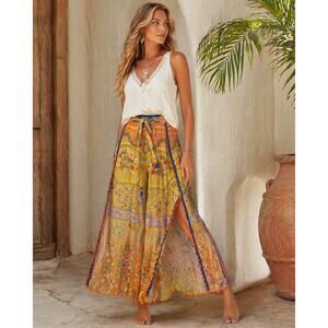 Johnny Was Tura Wrap Pants XS Boho Floral Wide Leg Scarf Print Rayon Tie Waist